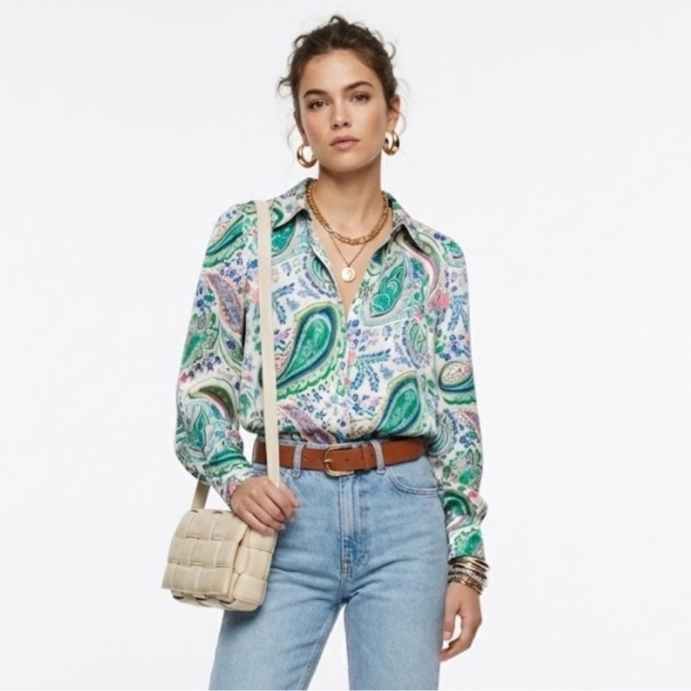 ZARA Paisley Print Satin Blouse Sz M Green Pink Boho Button Front - Picture 7 of 14